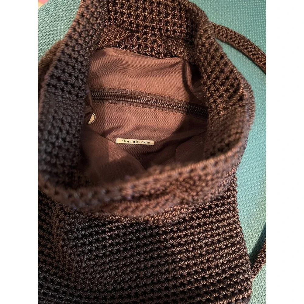 The Sak  Small Crocheted‎ Bucket Purse Drawstring Backpack Boho Bag Dark Brown